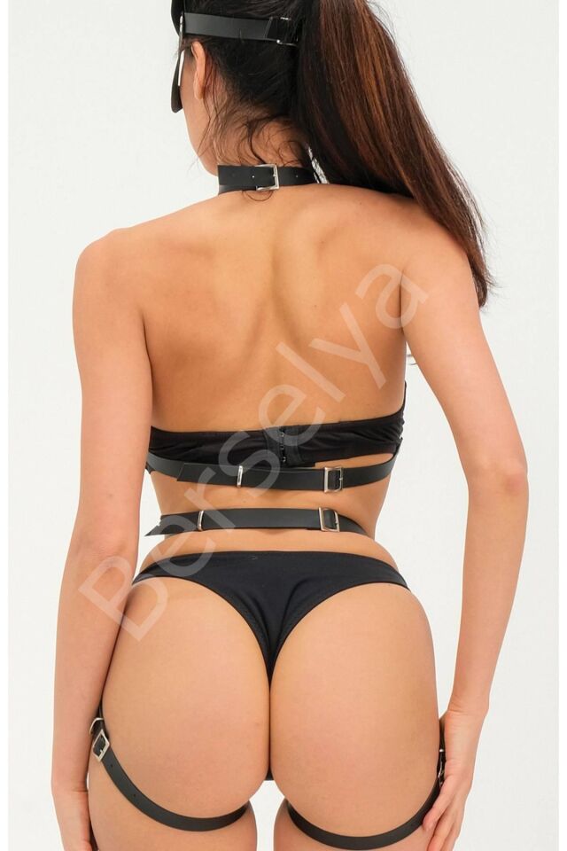 Deri Babydoll Harness Zincir Maskeli Takım 800155tak