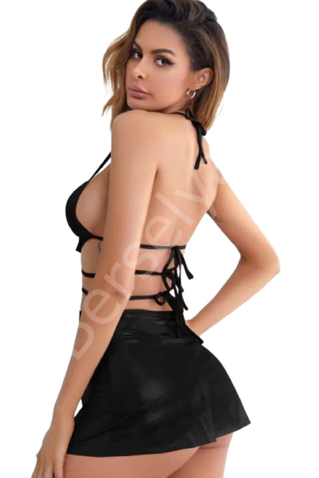 Kadın Fantezi Deri Kostüm Harness Erotik Kıyafet D21029 Siyah
