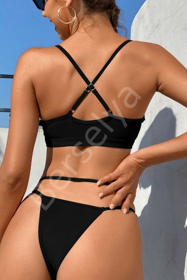 Kadın Siyah File Detaylı Özel Bikini Takımı