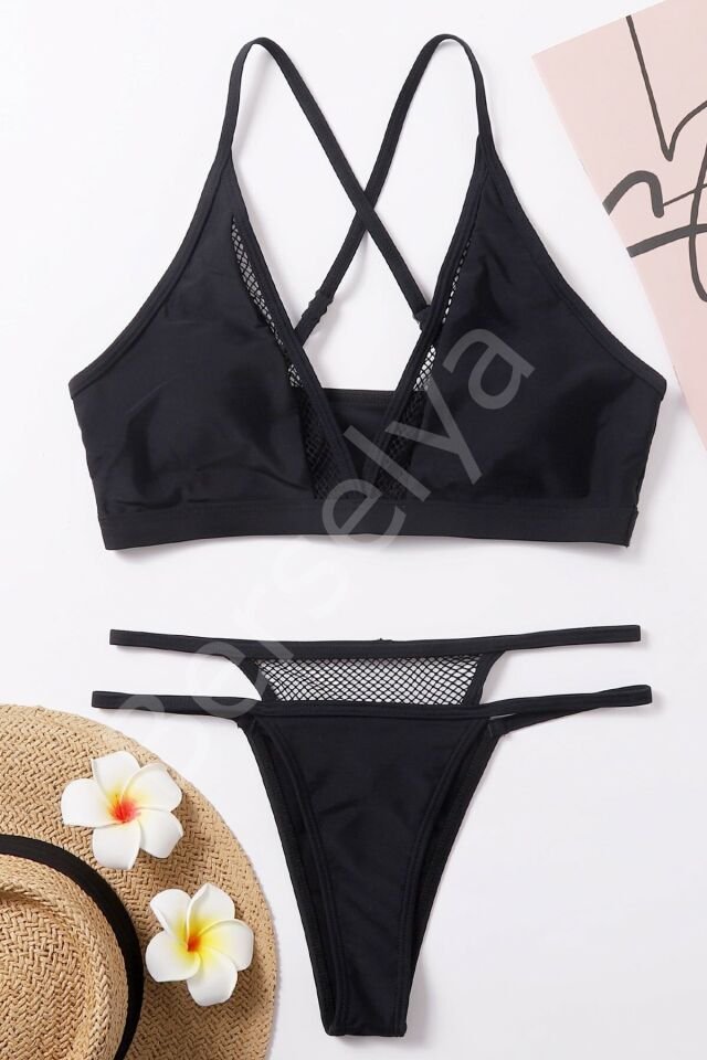 Kadın Siyah File Detaylı Özel Bikini Takımı