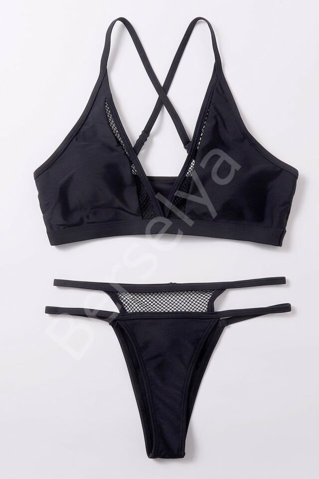 Kadın Siyah File Detaylı Özel Bikini Takımı