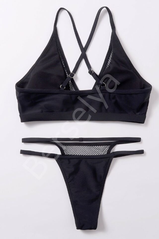 Kadın Siyah File Detaylı Özel Bikini Takımı