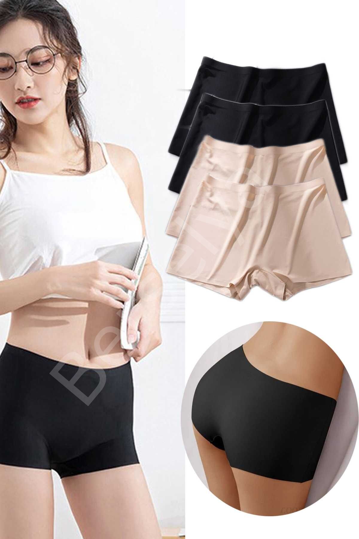 4 Adet Kadın Dikişsiz Görünmez İz Yapmaz Mini Şort Boxer Siyah Ten XL