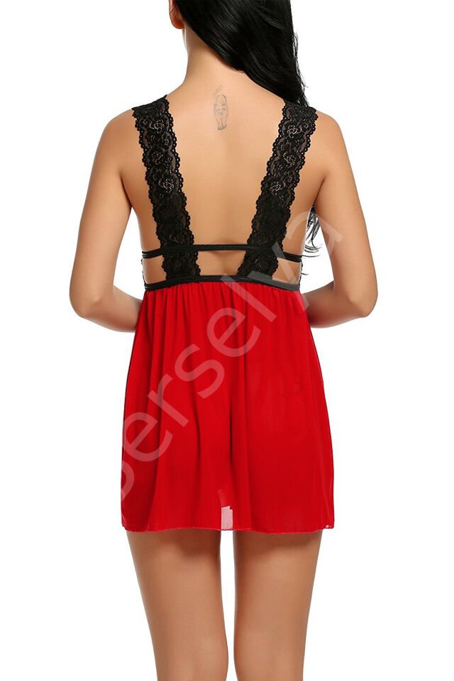 Kadın Kırmızı Dantelli Sırtı Açık Gecelik