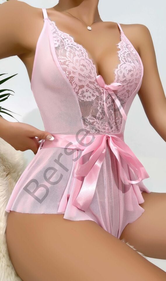 Kadın  Kontrast Dantel Kemerli Teddy Body Gecelik 2118