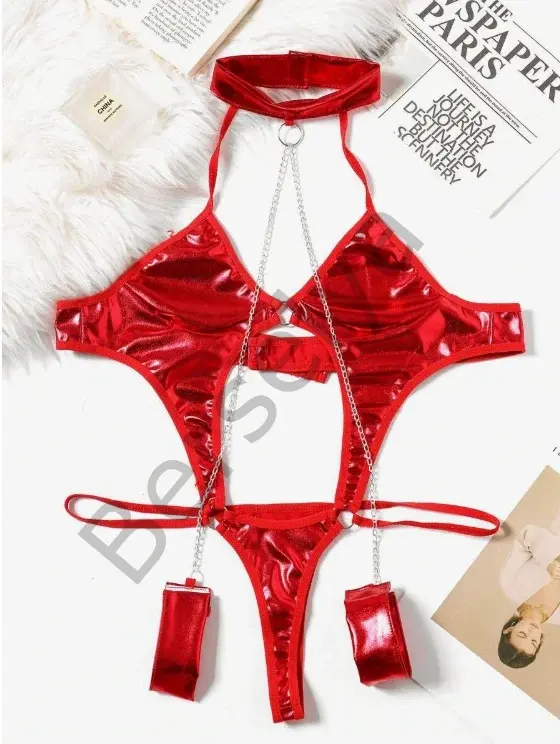 Fantezi Seksi Zincirli Kelepçeli Lame Gecelik