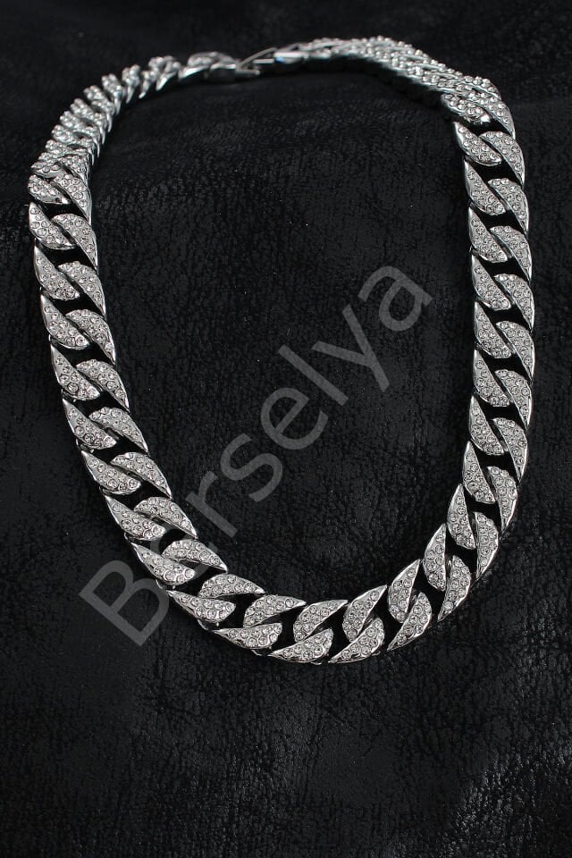 Pirinç Zirkon Taşlı Cuba Gurmet Model Gümüş Renk Erkek Kolye