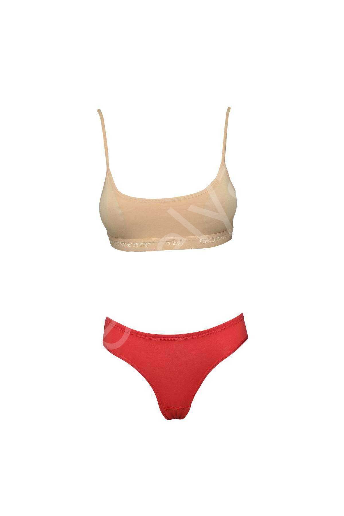 Pedli İp Askılı Yarım Atlet Büstiyer Külot Takım Ten Kırmızı