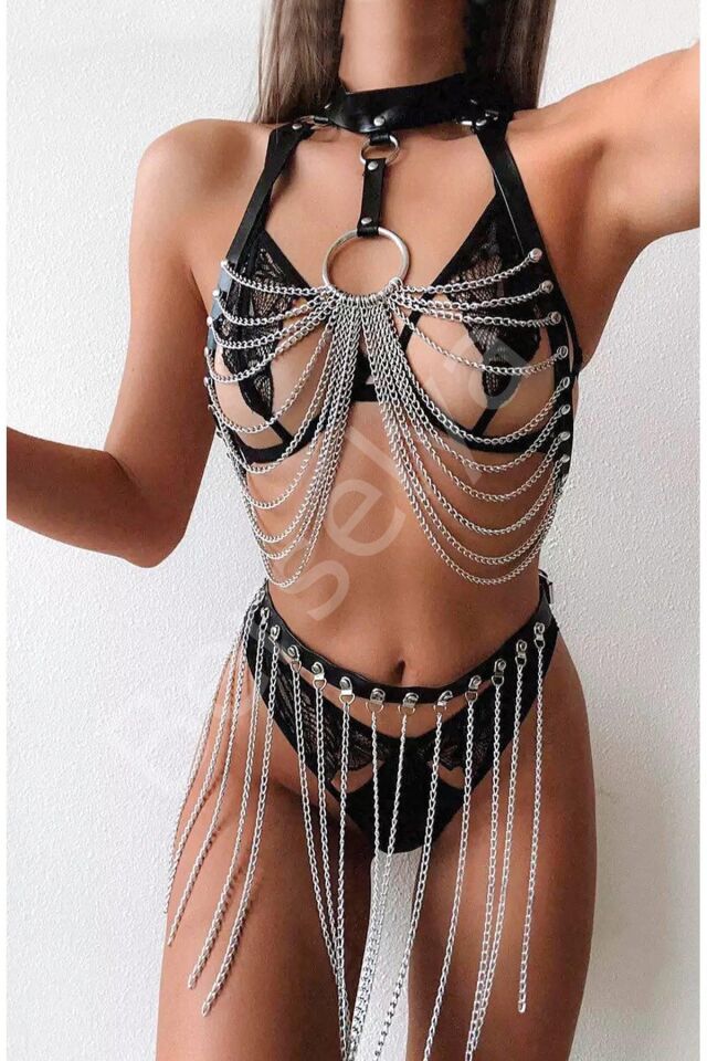 Göğüs Ve Belden Bağlamalı Zincirli Sexi Harness Kadın 1008