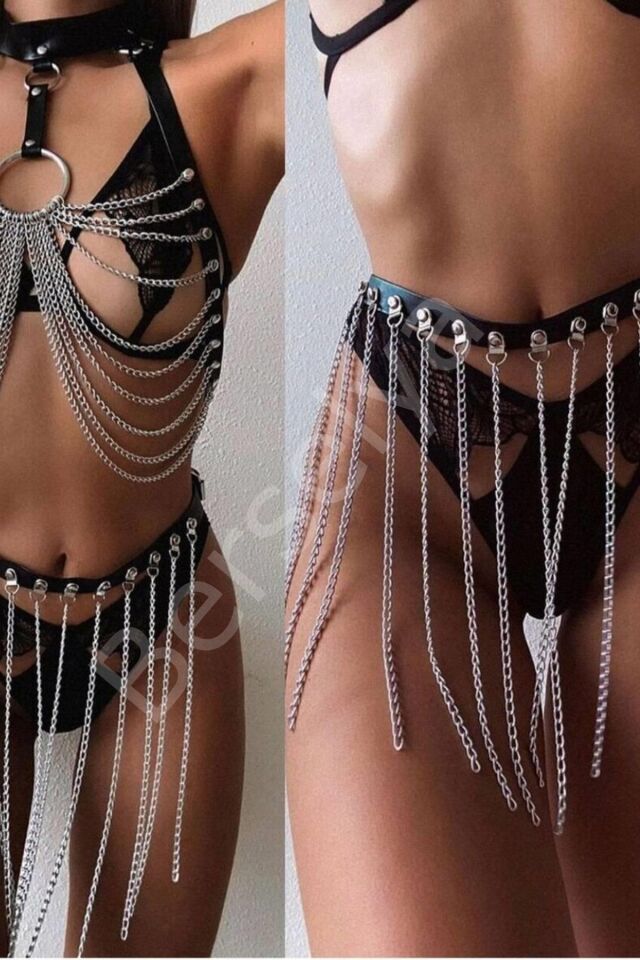 Göğüs Ve Belden Bağlamalı Zincirli Sexi Harness Kadın 1008