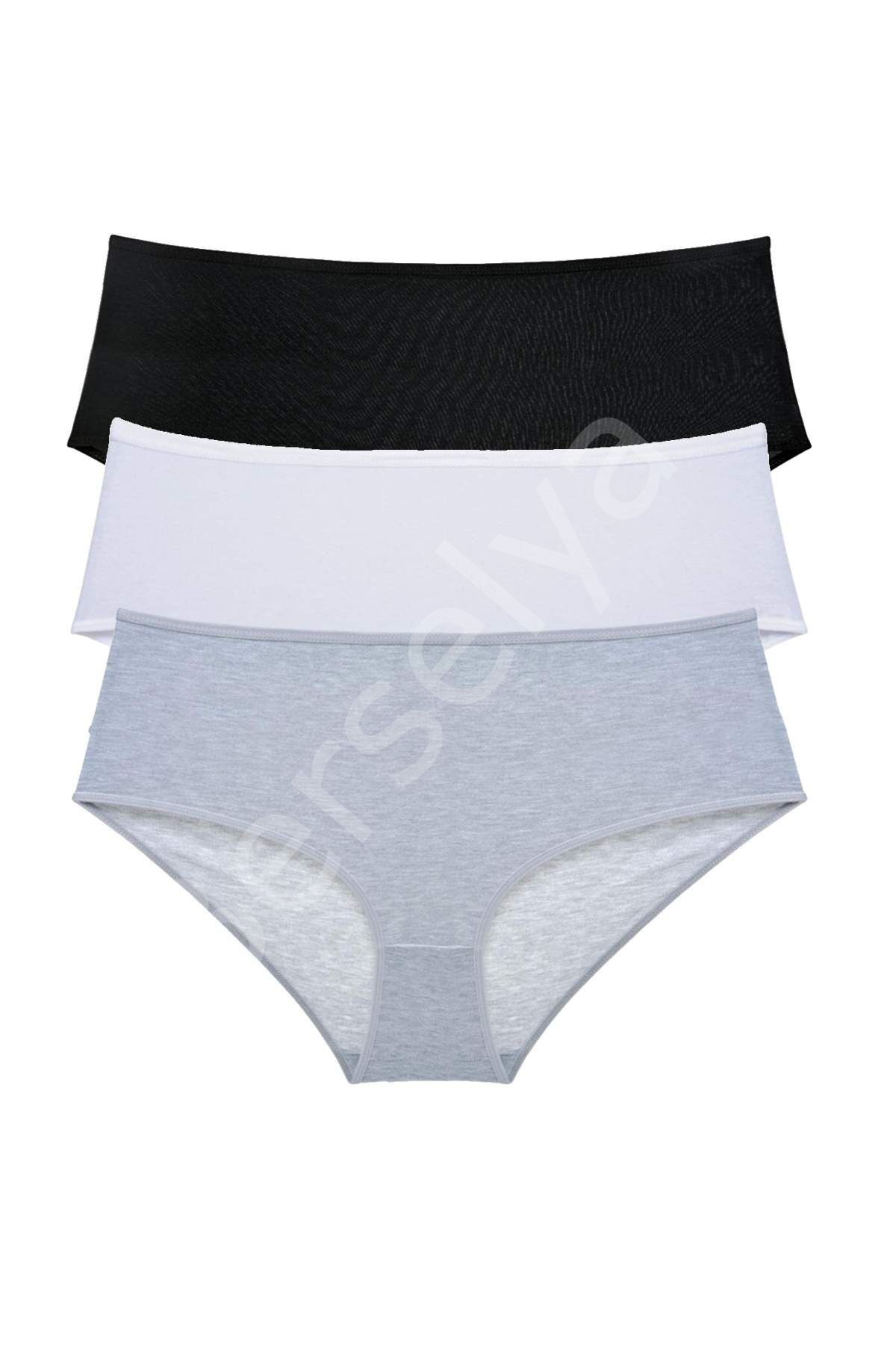 3 Adet Kadın Yüksek Bel Bato Külot Siyah Beyaz Gri