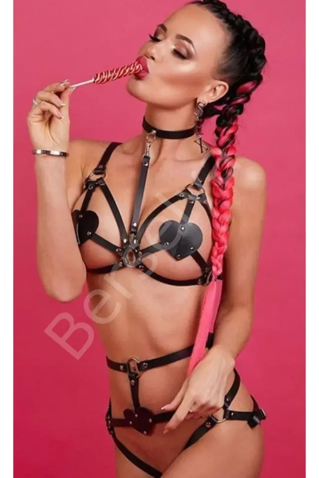 Kalp Desen Deri Harness Gecelik Modeli 0394