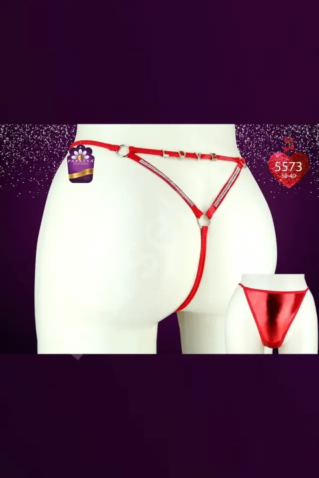 Tanga On Parlak Lame Arka İp Üst Love Kırmızı Pt5573