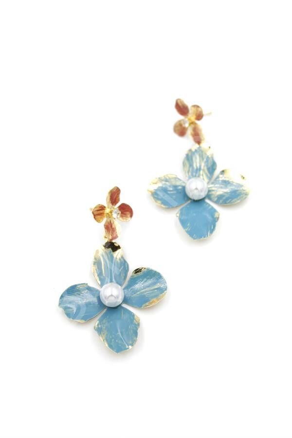 Metal Çiçek Küpe - Turkuaz