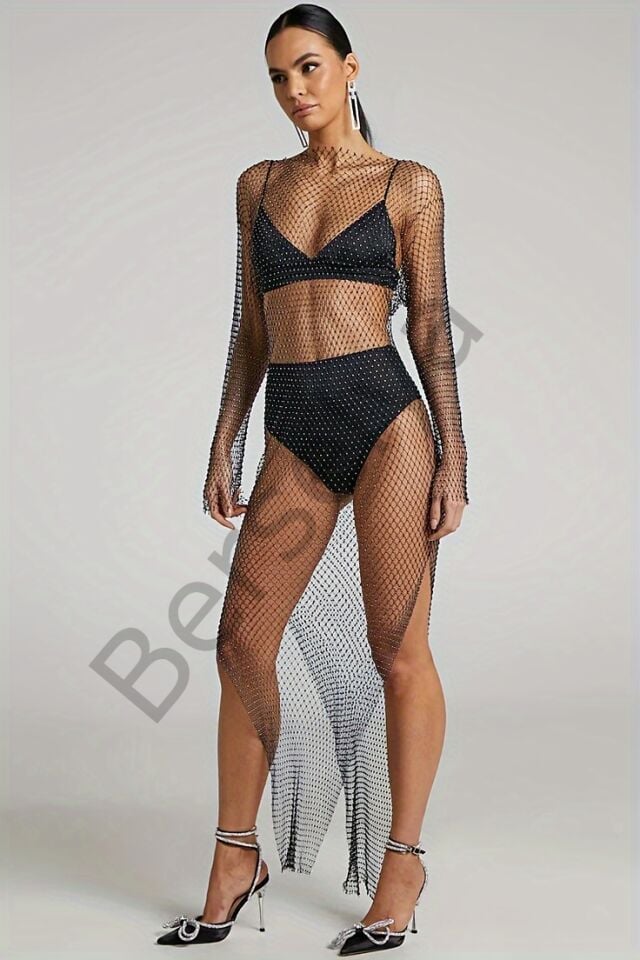 Işıltılı File Detaylı Uzun File Gece Elbisesi & Taş İşlemeli Parti Modeli-gece & Davet Şıklığı