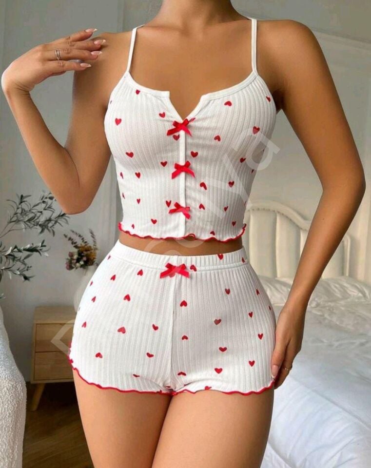 Kadın Beyaz Fiyonk Desenli Seksi Gecelik Takım 6640