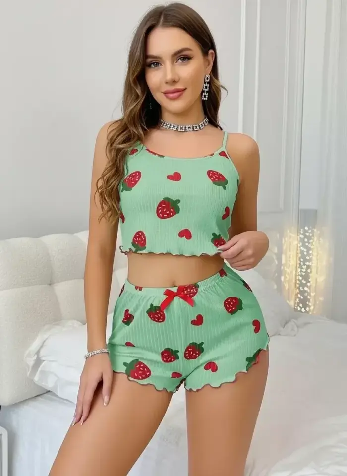 Kadın Yeşil Çilek Desenli Şortlu Pijama Takımı Sevimli Rahat 2’li Set