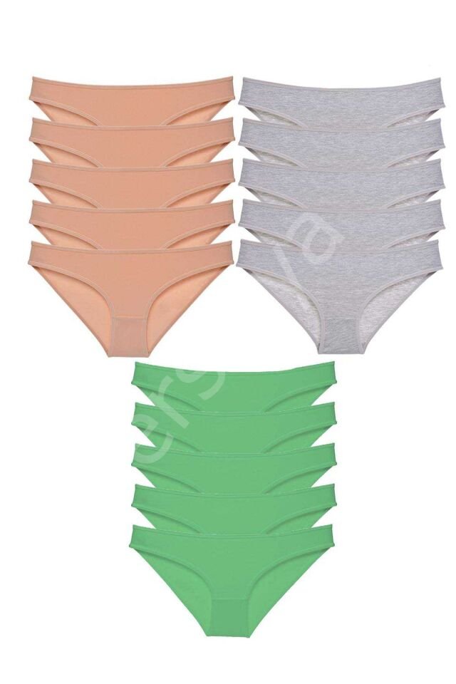 15 adet Eko Set Likralı Kadın Slip Külot Ten Gri Yeşil L