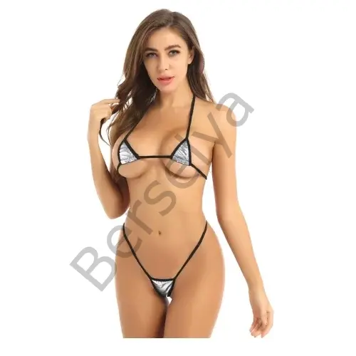 Fantezi Seksi Gümüş Üçgen Kesim Sütyen String Takım