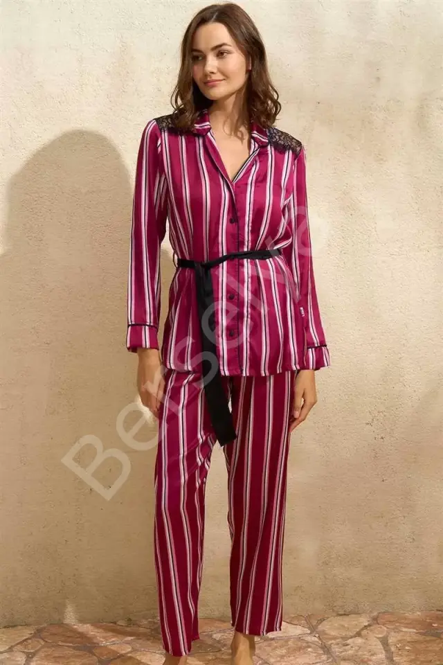 Saten Çizgili Düğmeli Uzun Kol Dantelli Gömlek Ve Pantolon Pijama Takım (9765)