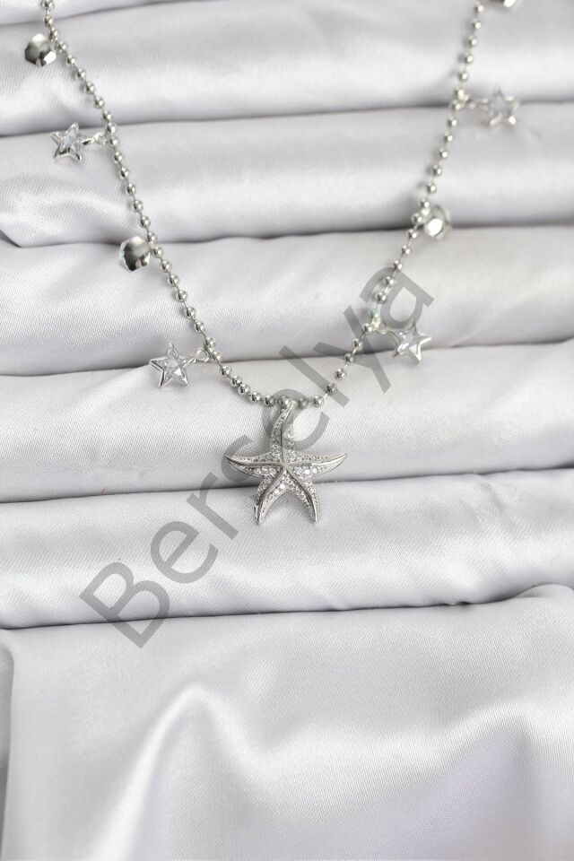 Pirinç Gümüş Renk Zirkon Taşlı Deniz Yıldızı Model Kadın Kolye