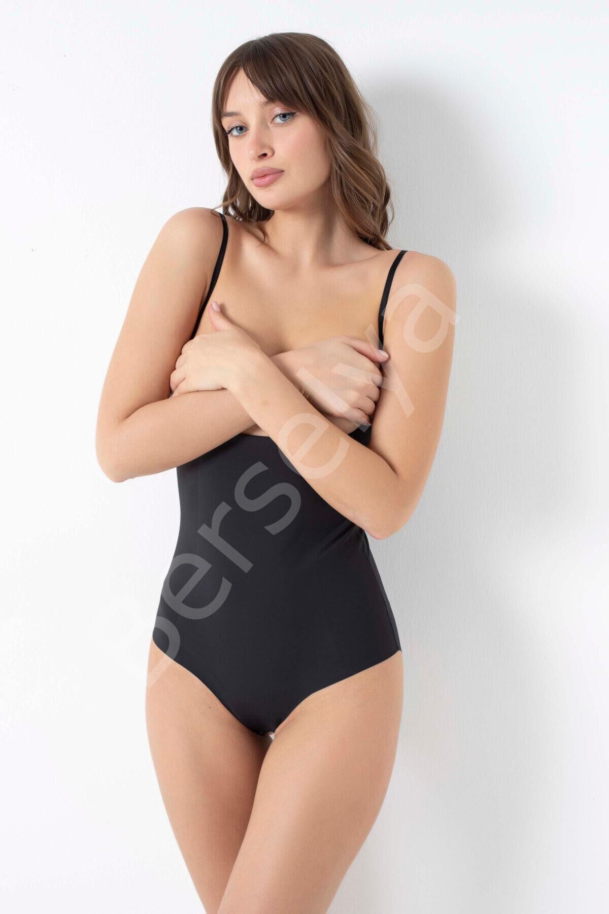 Mikro Kumaş Göğüs Altı Yapıştırma Paçaları Silikon Bantlı Alttan Kancalı Sıkı Badi Siyah Korse