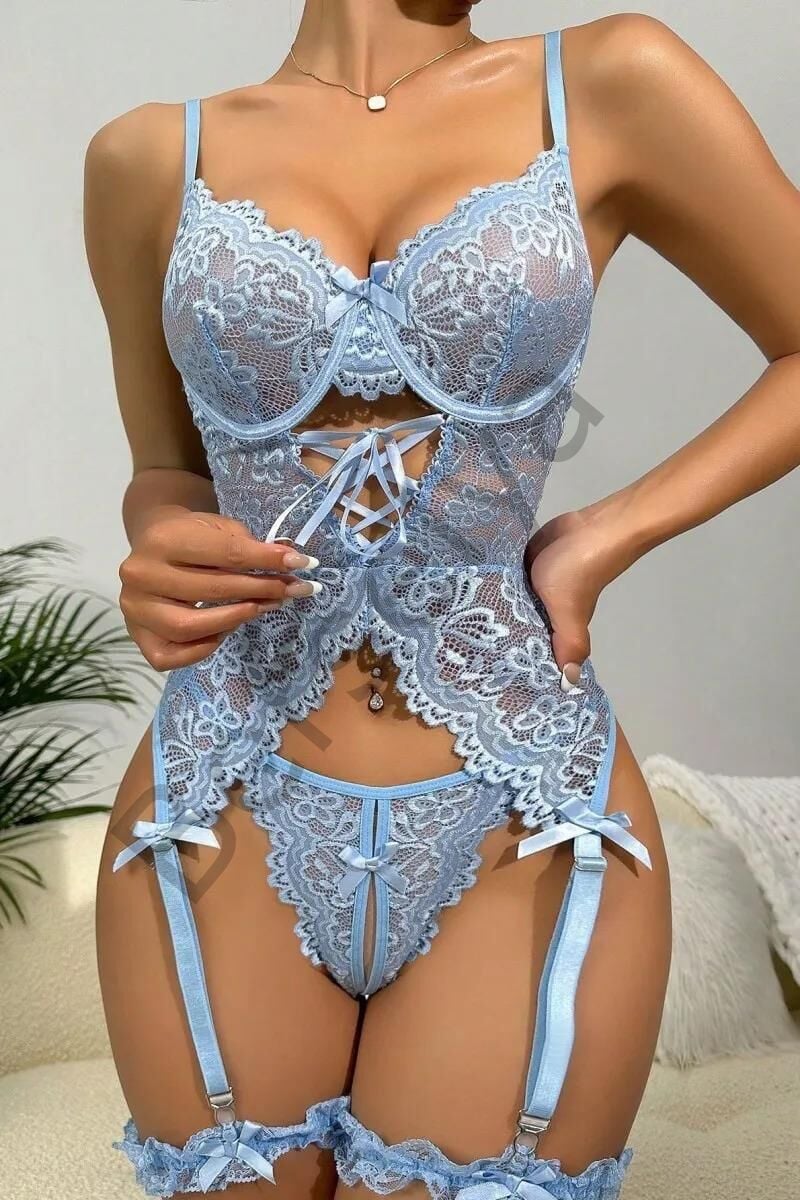 Özel Tasarım Dantelli Fantezi Mavi Jartiyer Takımı