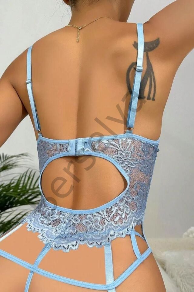 Özel Tasarım Dantelli Fantezi Mavi Jartiyer Takımı