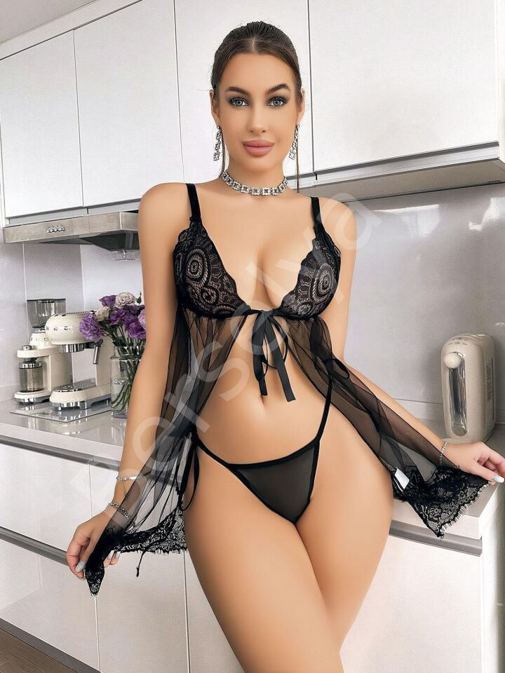 Siyah Dantel İşlemeli Önden Bağlamalı Fantezi Şık Tül Gecelik