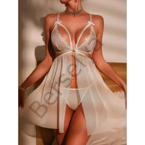 Fantezi Beyaz Dantel Sütyenli Transparan Gecelik