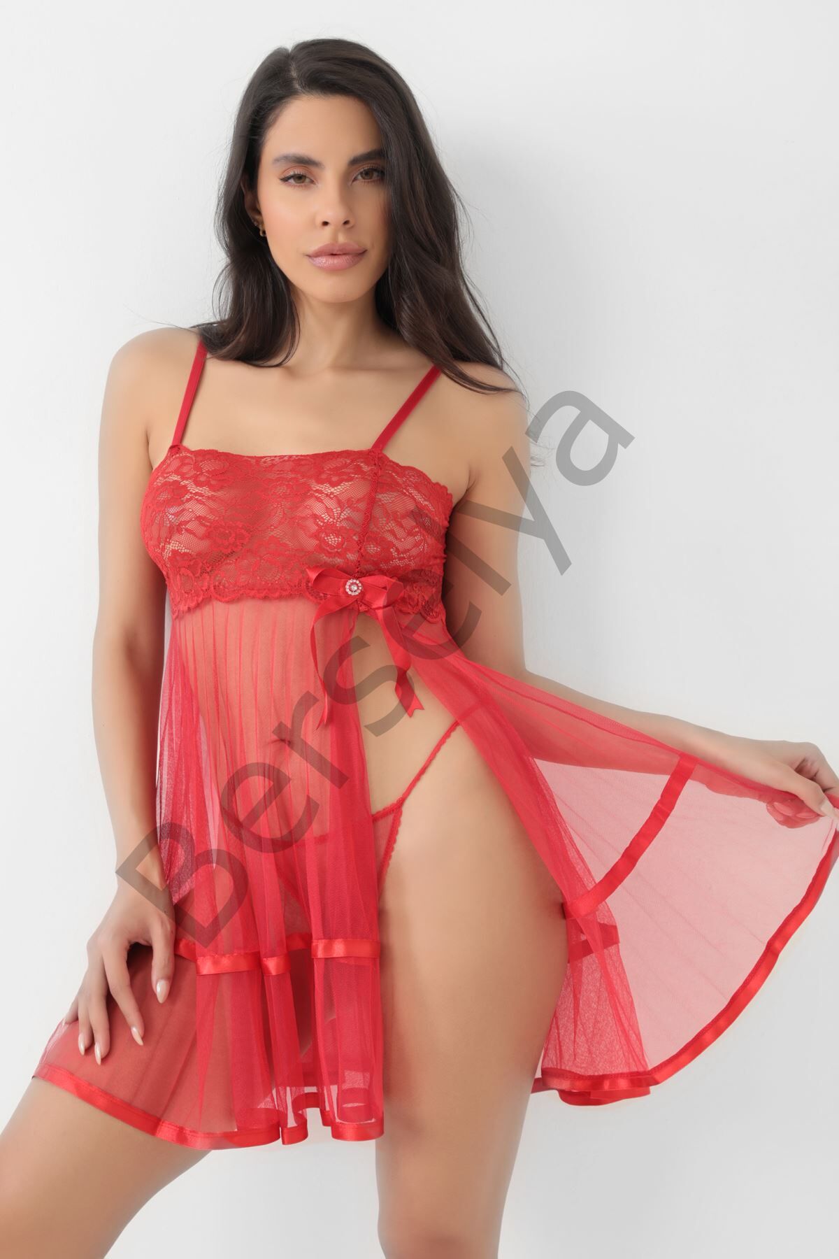 Kırmızı Şifon Pileli Gecelik-835