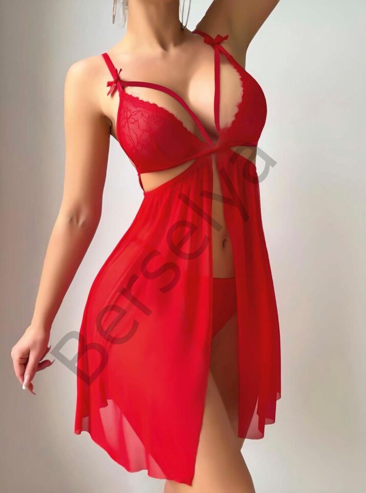 Kırmızı Göğüs İp Detaylı Dantel İşlemeli Tül Gecelik