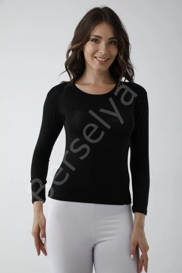 Vivaldi Kadın Siyah Uzun Kol Bisiklet Yaka Body Likralı 352