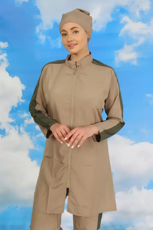 Kadın Pantolonlu Kolu Şeritli Tam Tesettür Mayo Bej