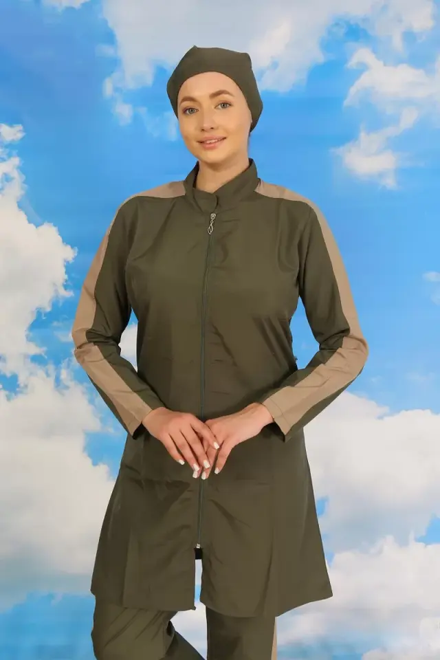 Kadın Pantolonlu Kolu Şeritli Tam Tesettür Mayo Haki