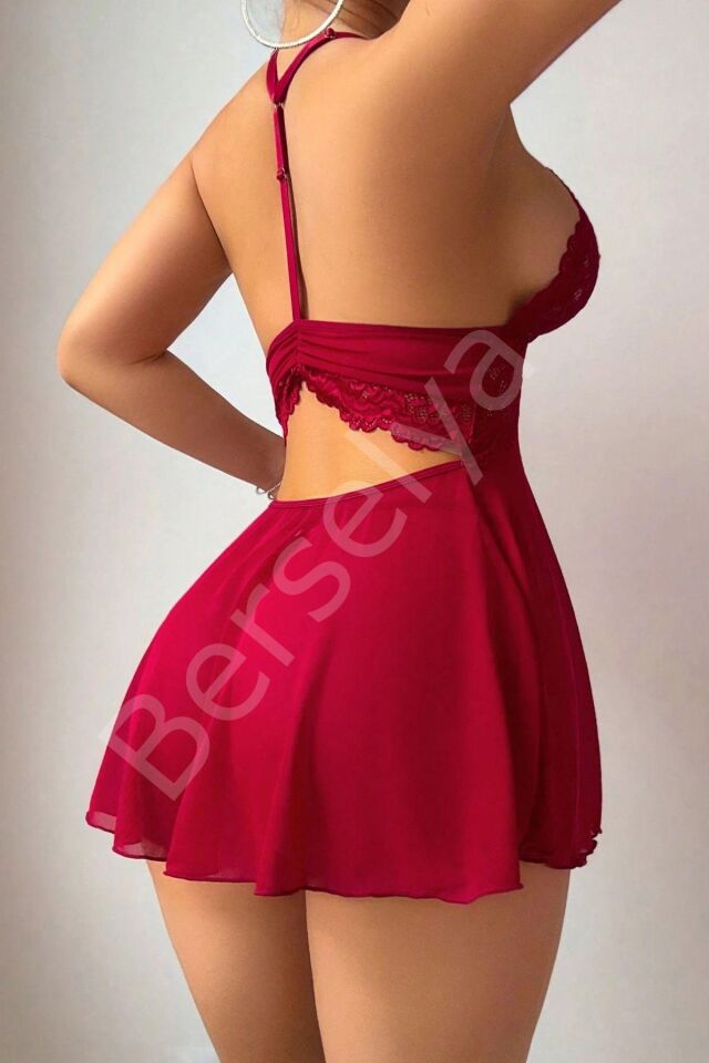 Kırmızı A Kalıp Dantel Detaylı Mini Gecelik 15937