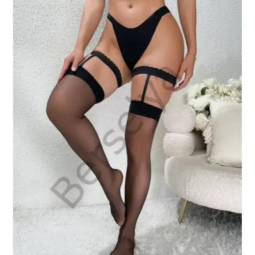 Fantezi Kadın Siyah Dantel Bacak Bantlı String Jartiyer Çorap Takımı