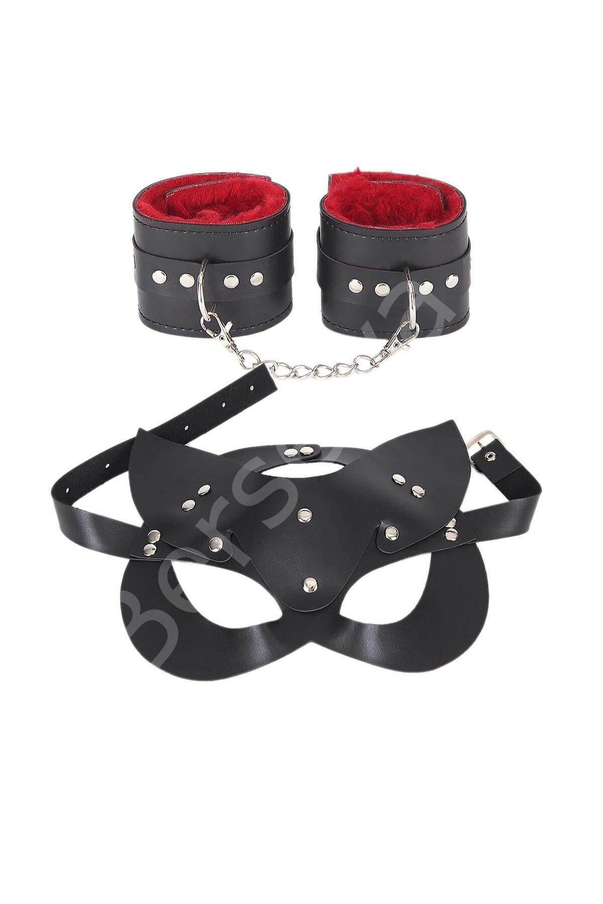 Maske Ve Kelepce İçi Tüğlü Kırmızı Deri Set 700429