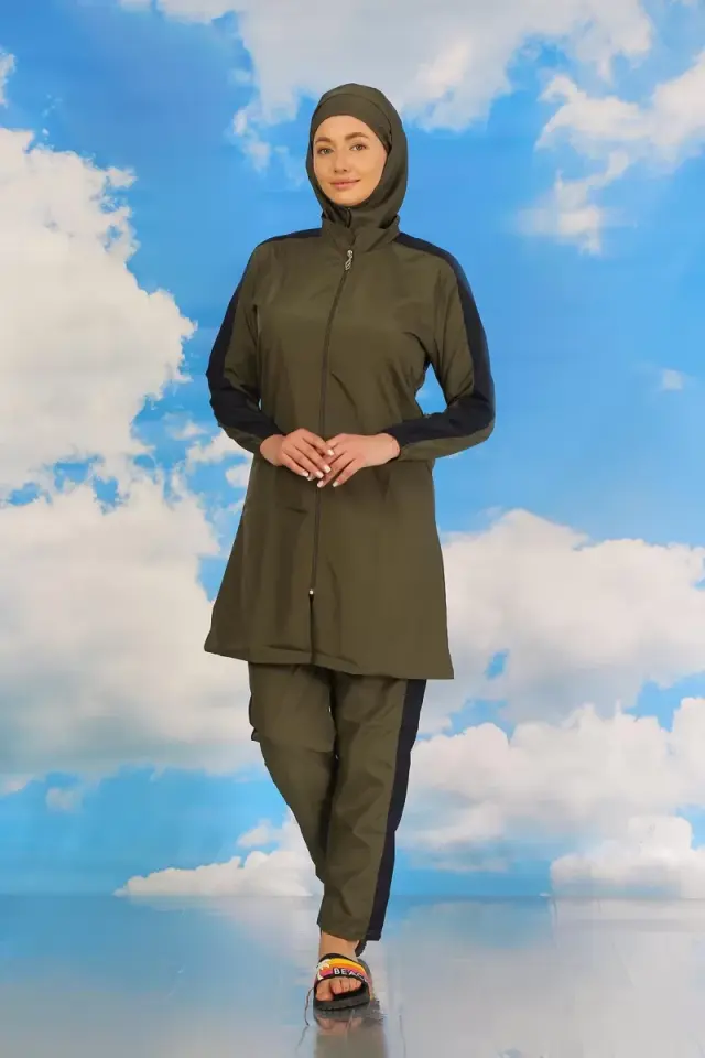 Kadın Pantolonlu Kolu Şeritli Tam Tesettür Mayo Haki