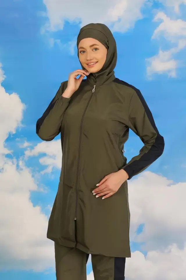 Kadın Pantolonlu Kolu Şeritli Tam Tesettür Mayo Haki