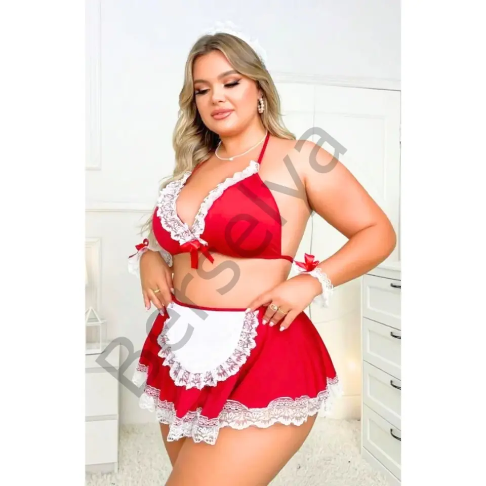 Büyük Beden Fantezi Kırmızı Dantelli Hizmetçi Kostümü