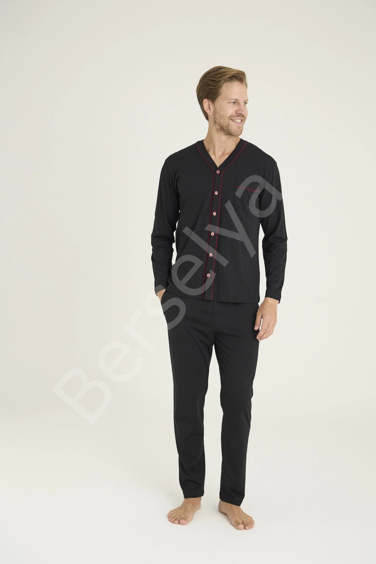 9267 Erkek V.yaka Boydan Düğmeli Pijama Takım
