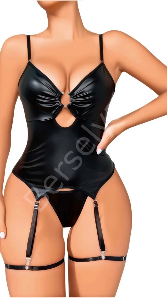 Luna Lora Siyah Deri Lame Detaylı Seksi Fantezi Body