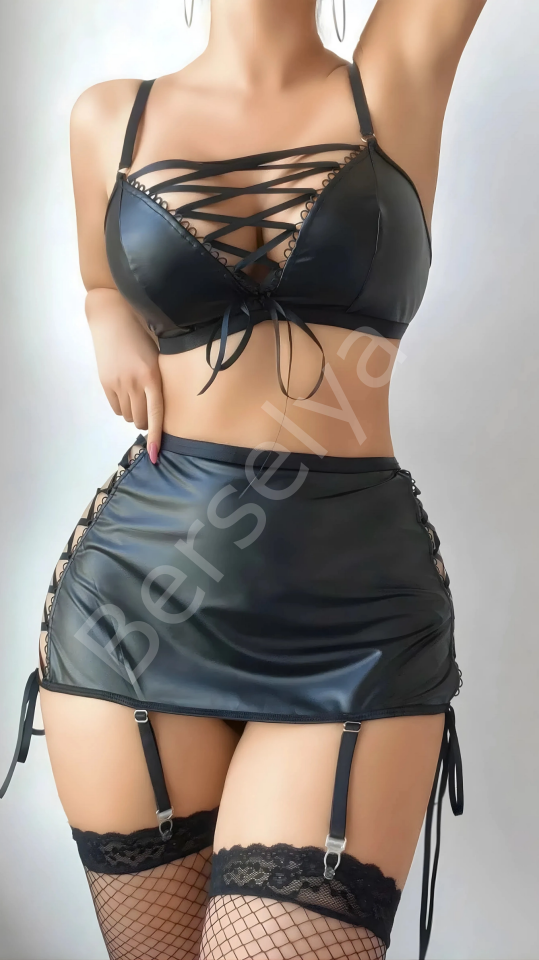 Luna Lora Siyah Lame İp Detaylı Etekli Deri Fantezi Kadın Kostüm