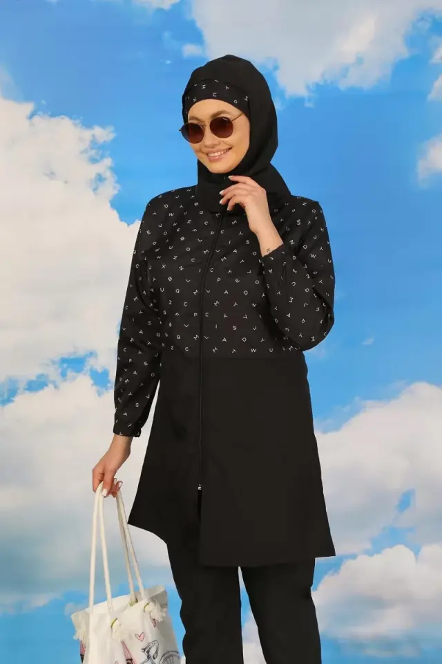 Kadın Pantolonlu Desenli Tam Tesettür Mayo Siyah