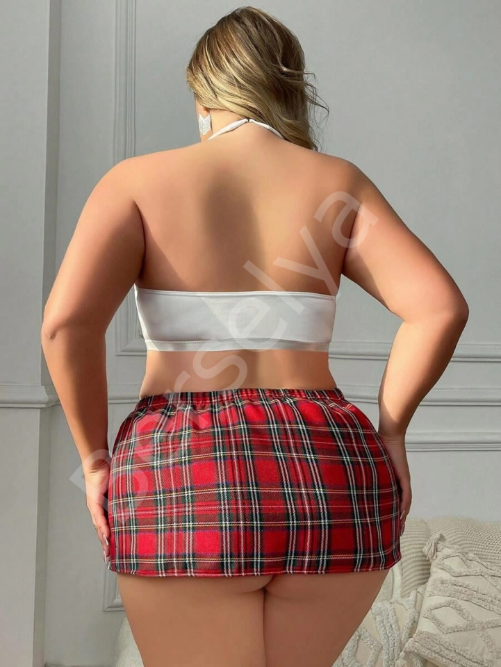 Luna Lora Büyük Beden Ekose Etekli Kravat Detaylı Kadın Kostüm Şık Tasarım