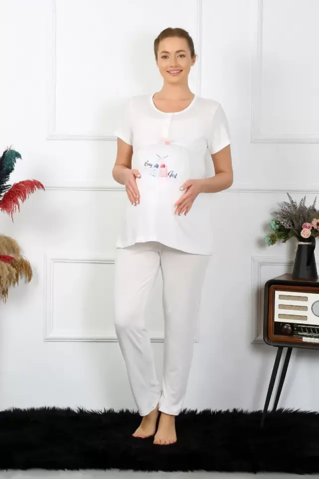Kadın Kısa Kol Hamile Lohusa Pijama Takımı Ekru