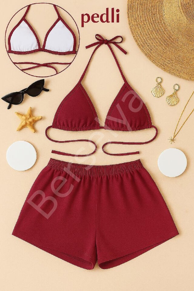 Kadın Bordo Şortlu Belden Ve Boyundan Bağlamalı Bikini Takımı