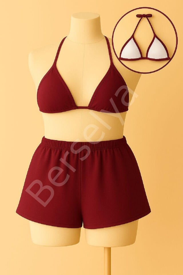 Kadın Bordo Şortlu Belden Ve Boyundan Bağlamalı Bikini Takımı