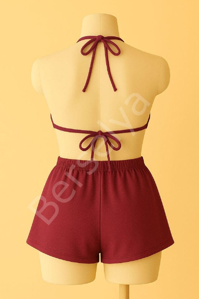 Kadın Bordo Şortlu Belden Ve Boyundan Bağlamalı Bikini Takımı